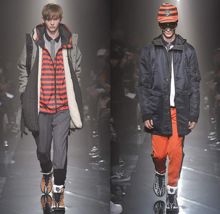 Onitsuka Tiger x ANDREA POMPILIO 2014-2015 Fall Autumn Winter Mens Runway Looks - Mercedes-Benz Fashion Week Tokyo Japan Catwalk Fashion Show - Goggles Snow Outerwear Parka Coat Multi-Panel Sporty Athletic Sweater Jumper Stripes Bomber Varsity Jacket Jogging Sweatpants Straps Backpack Necktie