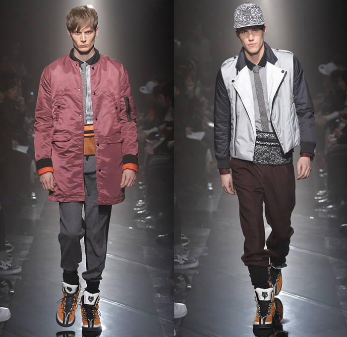 Onitsuka Tiger x ANDREA POMPILIO 2014-2015 Fall Autumn Winter Mens Runway Looks - Mercedes-Benz Fashion Week Tokyo Japan Catwalk Fashion Show - Goggles Snow Outerwear Parka Coat Multi-Panel Sporty Athletic Sweater Jumper Stripes Bomber Varsity Jacket Jogging Sweatpants Straps Backpack Necktie