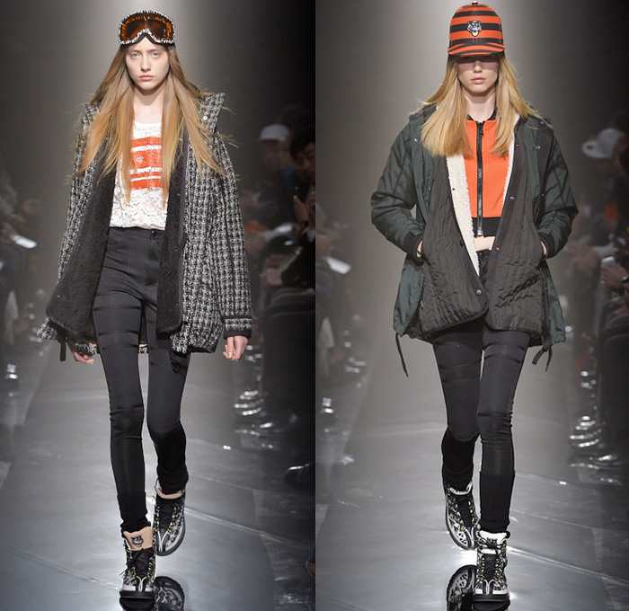 Onitsuka Tiger x ANDREA POMPILIO 2014-2015 Fall Autumn Winter Womens Runway Looks - Mercedes-Benz Fashion Week Tokyo Japan Catwalk Fashion Show - Goggles Snow Outerwear Parka Coat Leggings Multi-Panel Motorcycle Biker Sporty Athletic Sweater Jumper Skinny Stripes Bomber Varsity Jacket Jogging Sweatpants Dress Straps Backpack Shorts Cycling Compression Skirt Frock Crop Top Midriff Sweaterdress 