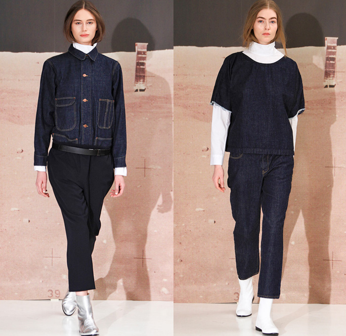 Organic by John Patrick 2014-2015 Fall Autumn Winter Womens Runway Looks - New York Fashion Week Catwalk - Denim Jeans Minimalist Jumpsuit Boiler Suit White Ensemble Knit Sweater Jumper Shorts Waffle Quilted Leggings Metallic Foil Silver Nautical Outerwear Coat Jacket Transparent Peekaboo Dress Hanging Sleeve