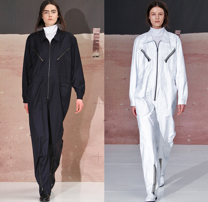 Organic by John Patrick 2014-2015 Fall Autumn Winter Womens Runway Looks - New York Fashion Week Catwalk - Denim Jeans Minimalist Jumpsuit Boiler Suit White Ensemble Knit Sweater Jumper Shorts Waffle Quilted Leggings Metallic Foil Silver Nautical Outerwear Coat Jacket Transparent Peekaboo Dress Hanging Sleeve