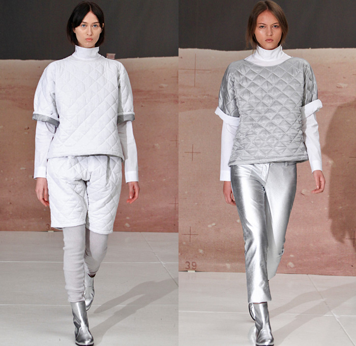 Organic by John Patrick 2014-2015 Fall Autumn Winter Womens Runway Looks - New York Fashion Week Catwalk - Denim Jeans Minimalist Jumpsuit Boiler Suit White Ensemble Knit Sweater Jumper Shorts Waffle Quilted Leggings Metallic Foil Silver Nautical Outerwear Coat Jacket Transparent Peekaboo Dress Hanging Sleeve