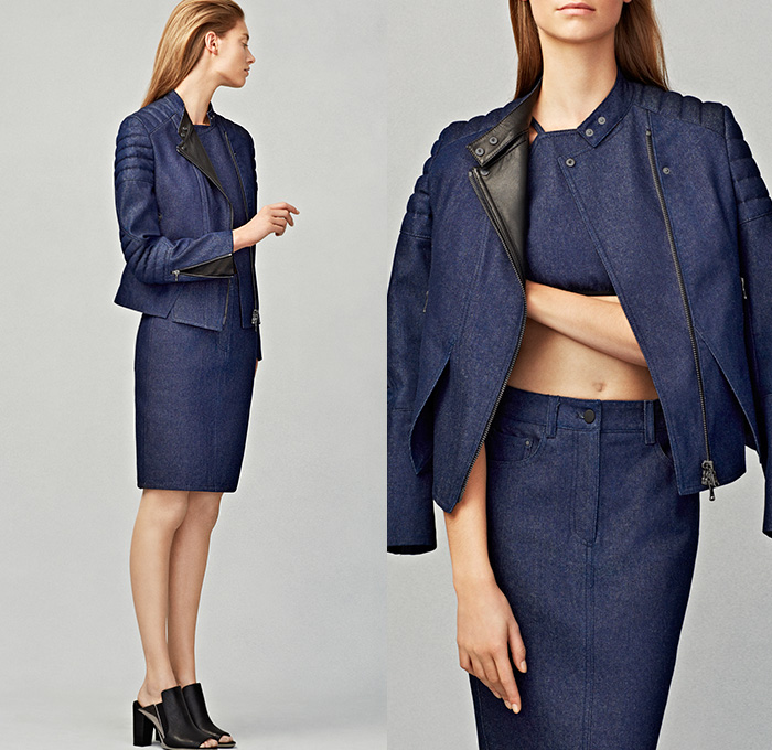 (01a) Front Slit Moto Biker Denim Jeans Jacket - 5 Pocket Denim Pencil Skirt - (01b) Front Slit Moto Biker Denim Jeans Jacket - Denim Bralette Top - 5 Pocket Denim Pencil Skirt - 3.1 Phillip Lim Denim Jeans Capsule Fashion Collection Womens 2014 Fall Autumn Launch May - Motorcycle Biker Jacket Pencil Skirt Blazer Two Piece Trench Coat Bralette Peplum Wide Leg Carrot Pants Trousers Grunge