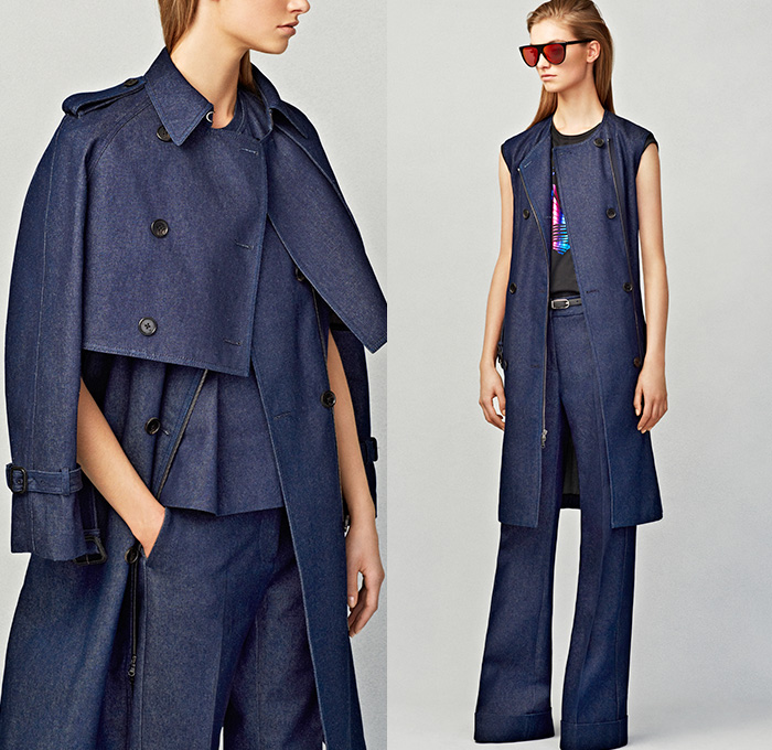 (04a) Two Piece Denim Trench Coat - Peplum Short Sleeve Top - Denim Pencil Pant - (04b) Two Piece Denim Trench Coat - Wide Leg Cuffed Denim Trouser - 3.1 Phillip Lim Denim Jeans Capsule Fashion Collection Womens 2014 Fall Autumn Launch May - Motorcycle Biker Jacket Pencil Skirt Blazer Two Piece Trench Coat Bralette Peplum Wide Leg Carrot Pants Trousers Grunge