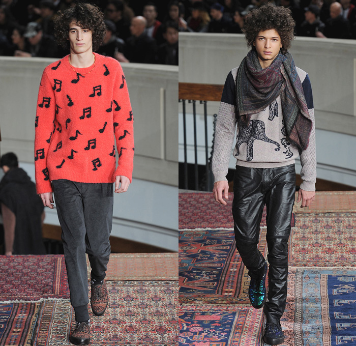 Paul Smith 2014-2015 Fall Autumn Winter Mens Runway Looks Fashion - Paris Fashion Week Mode à Paris Masculine Défilés - Denim Jeans Trucker Jacket Jogging Sweatpants Elastic Hem Pajamas Animals Kangaroo Monkey Camel Giraffe Flamingo Palm Trees Musical Notes Motif Grunge  Sequins Knit Sweater Outerwear Oversized Coat Ethnic Folk
