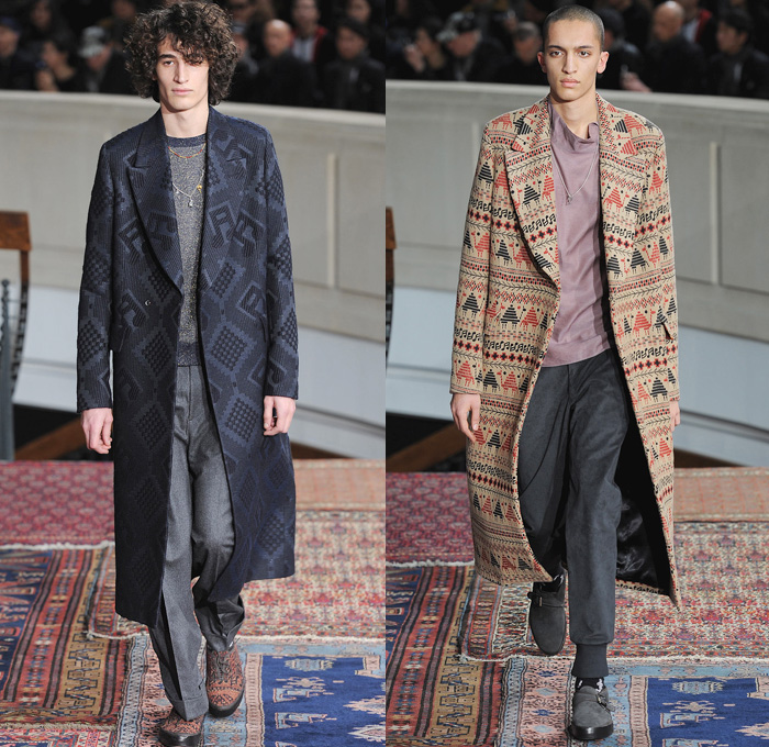 Paul Smith 2014-2015 Fall Autumn Winter Mens Runway Looks Fashion - Paris Fashion Week Mode à Paris Masculine Défilés - Denim Jeans Trucker Jacket Jogging Sweatpants Elastic Hem Pajamas Animals Kangaroo Monkey Camel Giraffe Flamingo Palm Trees Musical Notes Motif Grunge  Sequins Knit Sweater Outerwear Oversized Coat Ethnic Folk