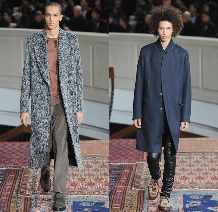 Paul Smith 2014-2015 Fall Autumn Winter Mens Runway Looks Fashion - Paris Fashion Week Mode à Paris Masculine Défilés - Denim Jeans Trucker Jacket Jogging Sweatpants Elastic Hem Pajamas Animals Kangaroo Monkey Camel Giraffe Flamingo Palm Trees Musical Notes Motif Grunge  Sequins Knit Sweater Outerwear Oversized Coat Ethnic Folk