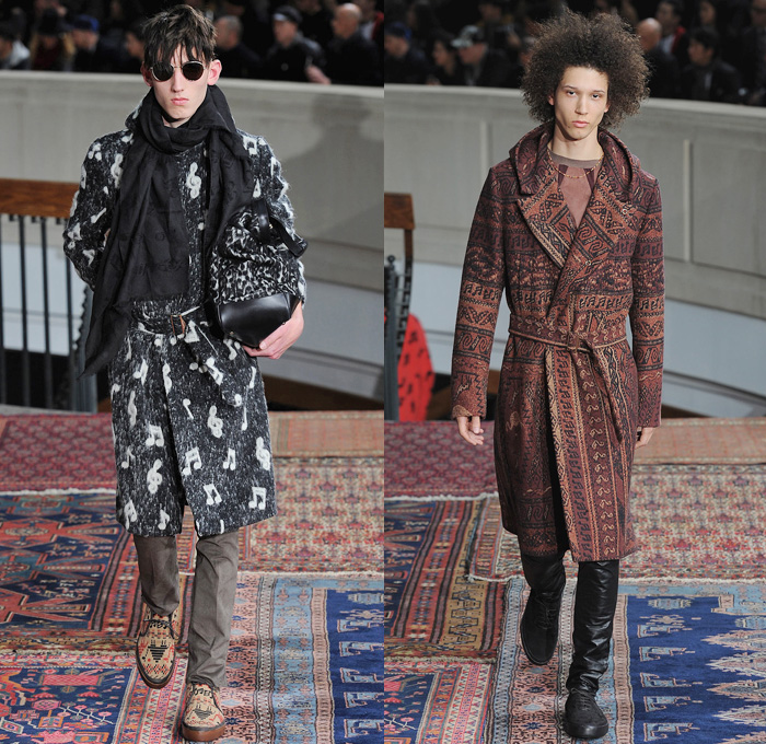 Paul Smith 2014-2015 Fall Autumn Winter Mens Runway Looks Fashion - Paris Fashion Week Mode à Paris Masculine Défilés - Denim Jeans Trucker Jacket Jogging Sweatpants Elastic Hem Pajamas Animals Kangaroo Monkey Camel Giraffe Flamingo Palm Trees Musical Notes Motif Grunge  Sequins Knit Sweater Outerwear Oversized Coat Ethnic Folk