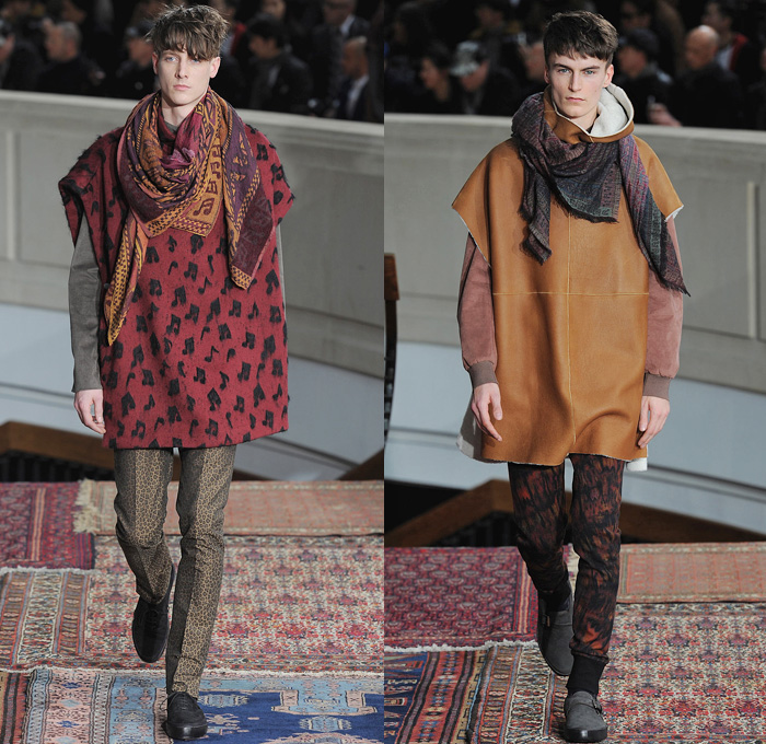 Paul Smith 2014-2015 Fall Autumn Winter Mens Runway Looks Fashion - Paris Fashion Week Mode à Paris Masculine Défilés - Denim Jeans Trucker Jacket Jogging Sweatpants Elastic Hem Pajamas Animals Kangaroo Monkey Camel Giraffe Flamingo Palm Trees Musical Notes Motif Grunge  Sequins Knit Sweater Outerwear Oversized Coat Ethnic Folk