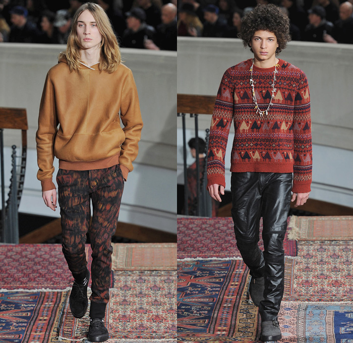 Paul Smith 2014-2015 Fall Autumn Winter Mens Runway Looks Fashion - Paris Fashion Week Mode à Paris Masculine Défilés - Denim Jeans Trucker Jacket Jogging Sweatpants Elastic Hem Pajamas Animals Kangaroo Monkey Camel Giraffe Flamingo Palm Trees Musical Notes Motif Grunge  Sequins Knit Sweater Outerwear Oversized Coat Ethnic Folk