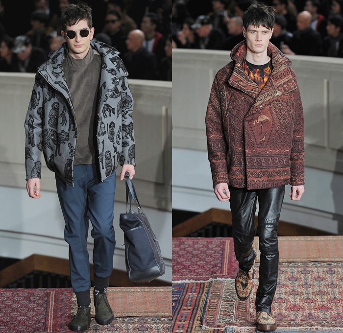 Paul Smith 2014-2015 Fall Autumn Winter Mens Runway Looks Fashion - Paris Fashion Week Mode à Paris Masculine Défilés - Denim Jeans Trucker Jacket Jogging Sweatpants Elastic Hem Pajamas Animals Kangaroo Monkey Camel Giraffe Flamingo Palm Trees Musical Notes Motif Grunge  Sequins Knit Sweater Outerwear Oversized Coat Ethnic Folk