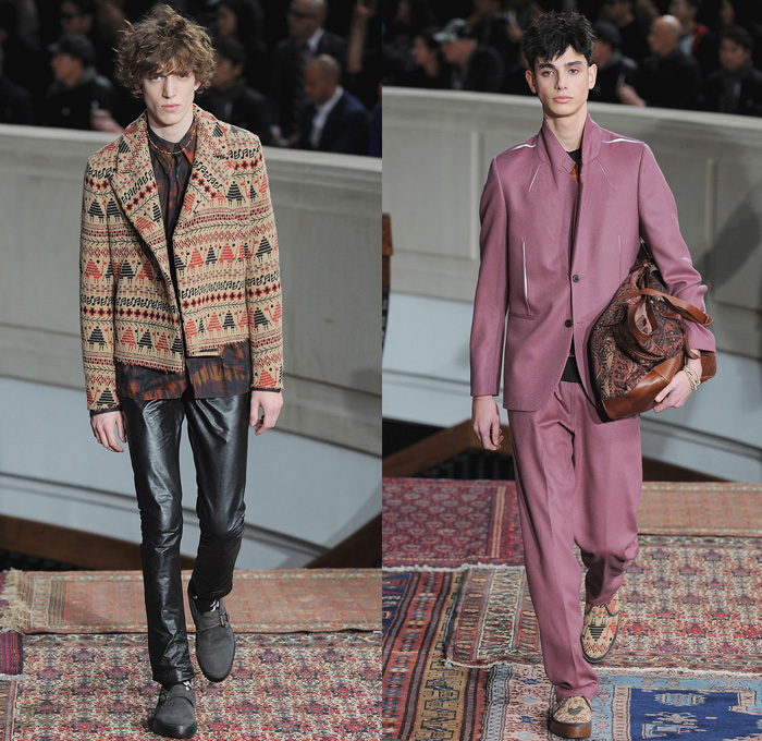 Paul Smith 2014-2015 Fall Autumn Winter Mens Runway Looks Fashion - Paris Fashion Week Mode à Paris Masculine Défilés - Denim Jeans Trucker Jacket Jogging Sweatpants Elastic Hem Pajamas Animals Kangaroo Monkey Camel Giraffe Flamingo Palm Trees Musical Notes Motif Grunge  Sequins Knit Sweater Outerwear Oversized Coat Ethnic Folk