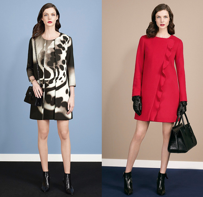 Paule Ka Paris 2014-2015 Fall Autumn Winter Womens Lookbook Collection - Skinny Jeans Ribbon Bow Knit Cardigan Hat Trousers Dress Shift Dress Sleeveless Outerwear Colorblock Ankle Boots Sash Waist Ribbon Waist Wrap Blazer Ruffles Pantsuit Lace Pleats Palazzo Pants Wide Leg Sweater Jumper Trench Coat Animal Safari Jungle Leopard Print Graphic Cape Coatdress Down Jacket Quilted Wrap Waist Frock Pencil Skirt