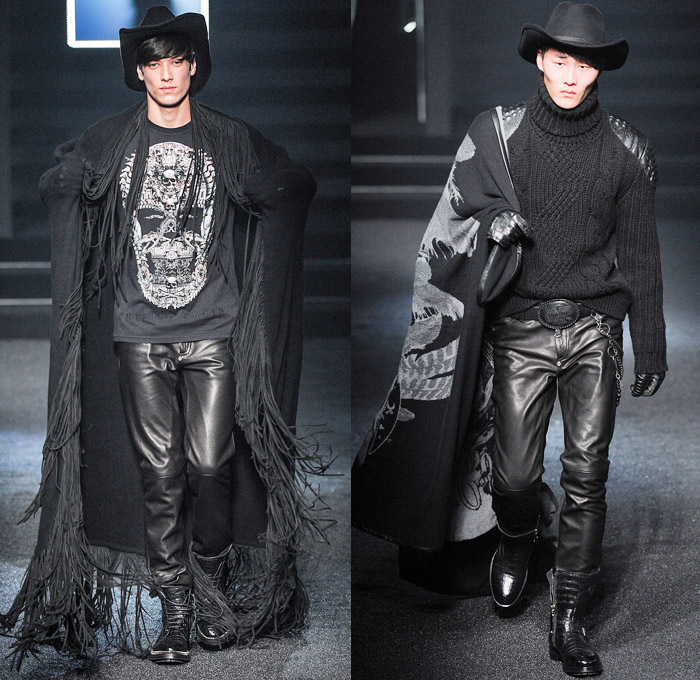 Philipp Plein 2014-2015 Fall Autumn Winter Mens Runway Looks Fashion - Milano Moda Uomo Milan Fashion Week - Camera Nazionale della Moda Italiana - Denim Jeans Destroyed Coated Cowboy Western Mink Saddles Chaps Fringes Skull Turtleneck Chunky Knit Sweater Motorcycle Biker Rider Military Coat Parka Bomber Jacket Studs Camouflage Snake Plaid