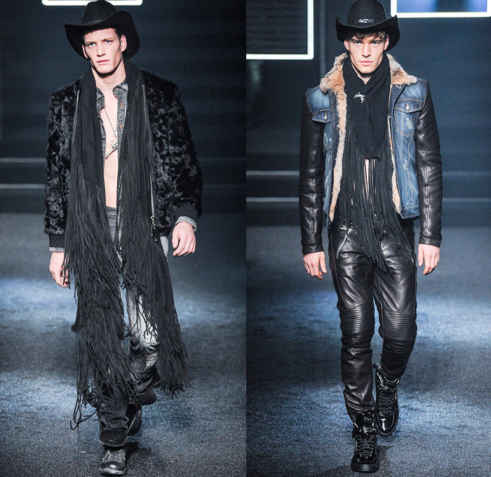 Philipp Plein 2014-2015 Fall Autumn Winter Mens Runway Looks Fashion - Milano Moda Uomo Milan Fashion Week - Camera Nazionale della Moda Italiana - Denim Jeans Destroyed Coated Cowboy Western Mink Saddles Chaps Fringes Skull Turtleneck Chunky Knit Sweater Motorcycle Biker Rider Military Coat Parka Bomber Jacket Studs Camouflage Snake Plaid