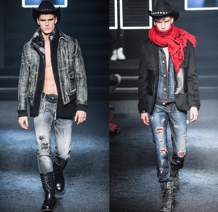 Philipp Plein 2014-2015 Fall Autumn Winter Mens Runway Looks Fashion - Milano Moda Uomo Milan Fashion Week - Camera Nazionale della Moda Italiana - Denim Jeans Destroyed Coated Cowboy Western Mink Saddles Chaps Fringes Skull Turtleneck Chunky Knit Sweater Motorcycle Biker Rider Military Coat Parka Bomber Jacket Studs Camouflage Snake Plaid