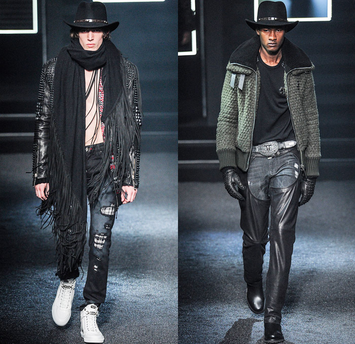 Philipp Plein 2014-2015 Fall Autumn Winter Mens Runway Looks Fashion - Milano Moda Uomo Milan Fashion Week - Camera Nazionale della Moda Italiana - Denim Jeans Destroyed Coated Cowboy Western Mink Saddles Chaps Fringes Skull Turtleneck Chunky Knit Sweater Motorcycle Biker Rider Military Coat Parka Bomber Jacket Studs Camouflage Snake Plaid