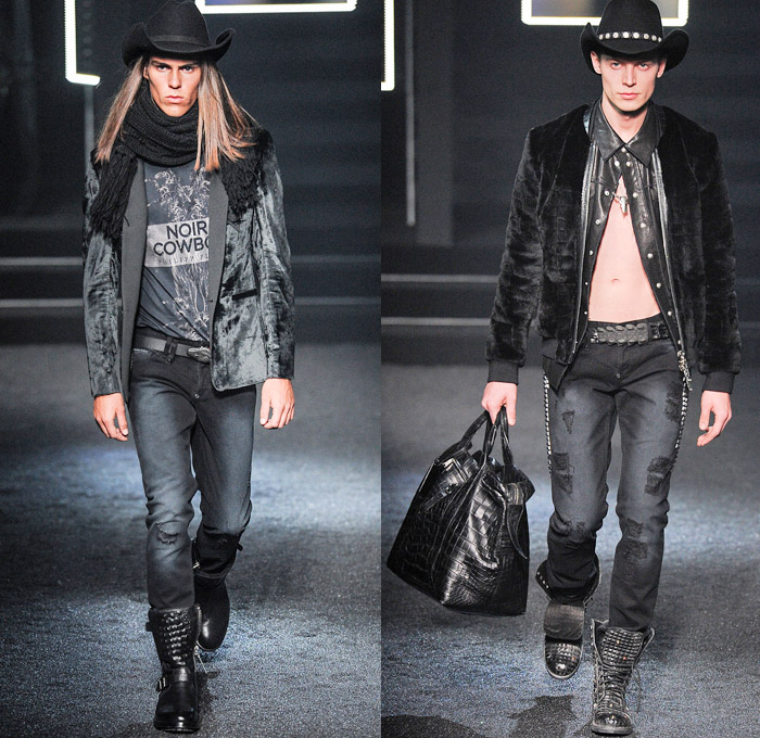 Philipp Plein 2014-2015 Fall Autumn Winter Mens Runway Looks Fashion - Milano Moda Uomo Milan Fashion Week - Camera Nazionale della Moda Italiana - Denim Jeans Destroyed Coated Cowboy Western Mink Saddles Chaps Fringes Skull Turtleneck Chunky Knit Sweater Motorcycle Biker Rider Military Coat Parka Bomber Jacket Studs Camouflage Snake Plaid