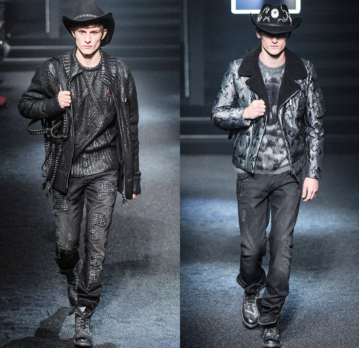 Philipp Plein 2014-2015 Fall Autumn Winter Mens Runway Looks Fashion - Milano Moda Uomo Milan Fashion Week - Camera Nazionale della Moda Italiana - Denim Jeans Destroyed Coated Cowboy Western Mink Saddles Chaps Fringes Skull Turtleneck Chunky Knit Sweater Motorcycle Biker Rider Military Coat Parka Bomber Jacket Studs Camouflage Snake Plaid