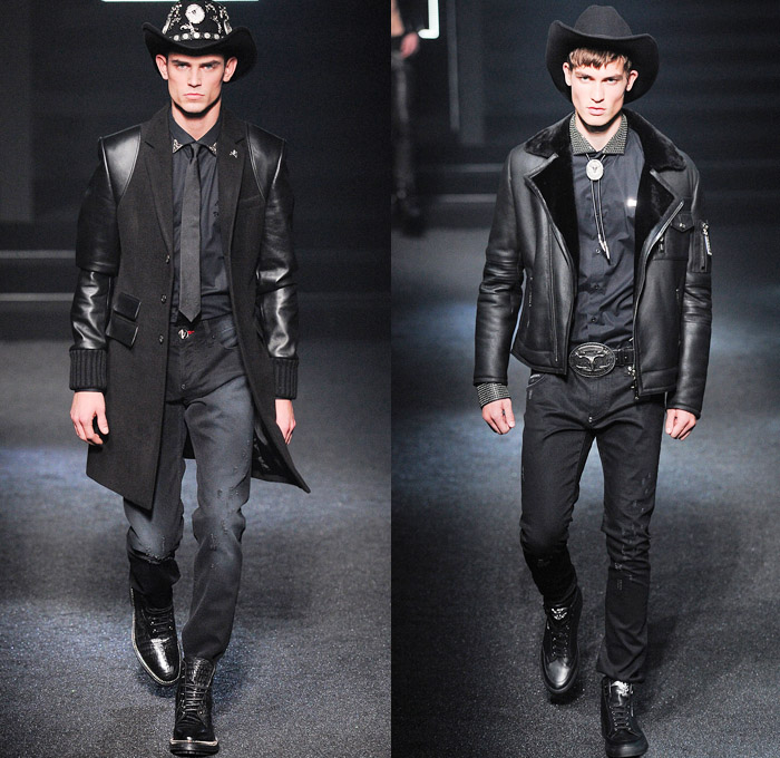 Philipp Plein 2014-2015 Fall Autumn Winter Mens Runway Looks Fashion - Milano Moda Uomo Milan Fashion Week - Camera Nazionale della Moda Italiana - Denim Jeans Destroyed Coated Cowboy Western Mink Saddles Chaps Fringes Skull Turtleneck Chunky Knit Sweater Motorcycle Biker Rider Military Coat Parka Bomber Jacket Studs Camouflage Snake Plaid