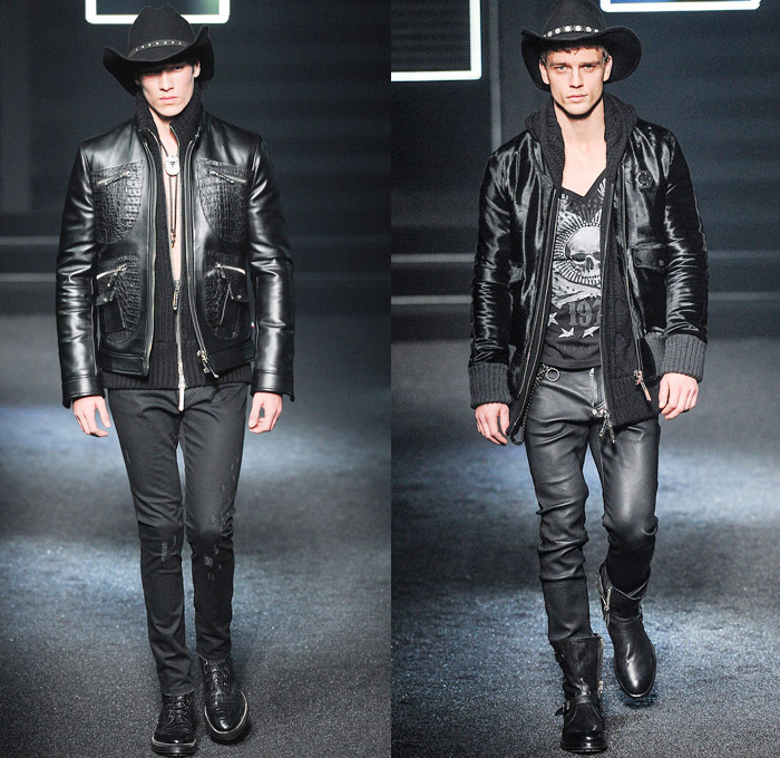 Philipp Plein 2014-2015 Fall Autumn Winter Mens Runway Looks Fashion - Milano Moda Uomo Milan Fashion Week - Camera Nazionale della Moda Italiana - Denim Jeans Destroyed Coated Cowboy Western Mink Saddles Chaps Fringes Skull Turtleneck Chunky Knit Sweater Motorcycle Biker Rider Military Coat Parka Bomber Jacket Studs Camouflage Snake Plaid