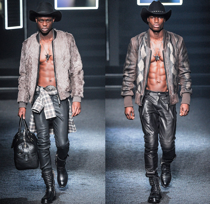 Philipp Plein 2014-2015 Fall Autumn Winter Mens Runway Looks Fashion - Milano Moda Uomo Milan Fashion Week - Camera Nazionale della Moda Italiana - Denim Jeans Destroyed Coated Cowboy Western Mink Saddles Chaps Fringes Skull Turtleneck Chunky Knit Sweater Motorcycle Biker Rider Military Coat Parka Bomber Jacket Studs Camouflage Snake Plaid