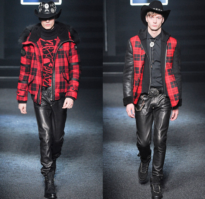 Philipp Plein 2014-2015 Fall Autumn Winter Mens Runway Looks Fashion - Milano Moda Uomo Milan Fashion Week - Camera Nazionale della Moda Italiana - Denim Jeans Destroyed Coated Cowboy Western Mink Saddles Chaps Fringes Skull Turtleneck Chunky Knit Sweater Motorcycle Biker Rider Military Coat Parka Bomber Jacket Studs Camouflage Snake Plaid