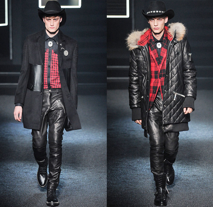 Philipp Plein 2014-2015 Fall Autumn Winter Mens Runway Looks Fashion - Milano Moda Uomo Milan Fashion Week - Camera Nazionale della Moda Italiana - Denim Jeans Destroyed Coated Cowboy Western Mink Saddles Chaps Fringes Skull Turtleneck Chunky Knit Sweater Motorcycle Biker Rider Military Coat Parka Bomber Jacket Studs Camouflage Snake Plaid