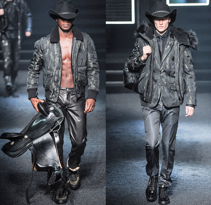 Philipp Plein 2014-2015 Fall Autumn Winter Mens Runway Looks Fashion - Milano Moda Uomo Milan Fashion Week - Camera Nazionale della Moda Italiana - Denim Jeans Destroyed Coated Cowboy Western Mink Saddles Chaps Fringes Skull Turtleneck Chunky Knit Sweater Motorcycle Biker Rider Military Coat Parka Bomber Jacket Studs Camouflage Snake Plaid