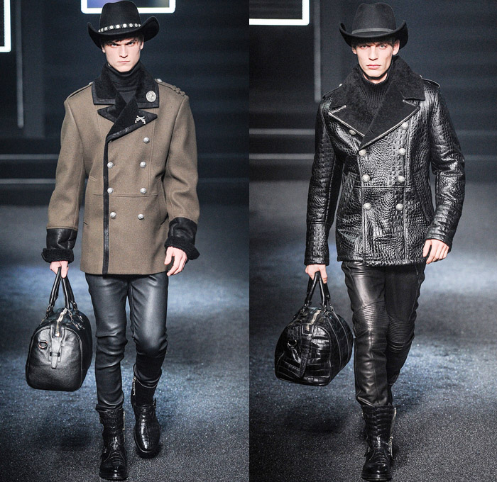 Philipp Plein 2014-2015 Fall Autumn Winter Mens Runway Looks Fashion - Milano Moda Uomo Milan Fashion Week - Camera Nazionale della Moda Italiana - Denim Jeans Destroyed Coated Cowboy Western Mink Saddles Chaps Fringes Skull Turtleneck Chunky Knit Sweater Motorcycle Biker Rider Military Coat Parka Bomber Jacket Studs Camouflage Snake Plaid