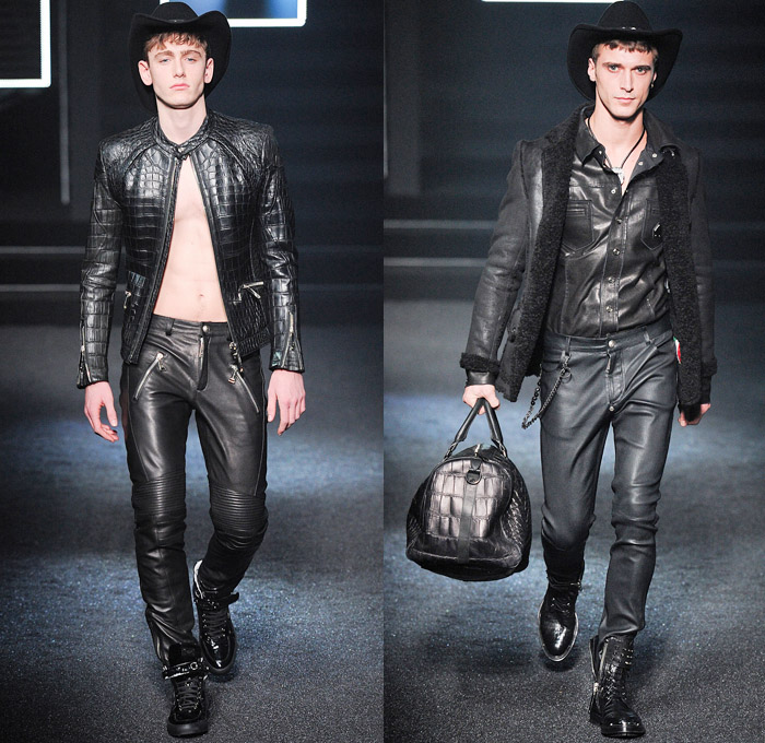 Philipp Plein 2014-2015 Fall Autumn Winter Mens Runway Looks Fashion - Milano Moda Uomo Milan Fashion Week - Camera Nazionale della Moda Italiana - Denim Jeans Destroyed Coated Cowboy Western Mink Saddles Chaps Fringes Skull Turtleneck Chunky Knit Sweater Motorcycle Biker Rider Military Coat Parka Bomber Jacket Studs Camouflage Snake Plaid