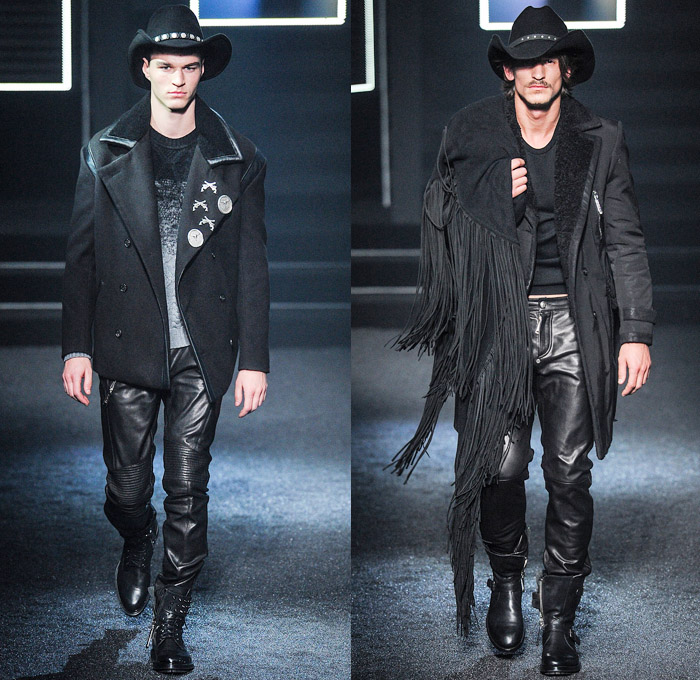 Philipp Plein 2014-2015 Fall Autumn Winter Mens Runway Looks Fashion - Milano Moda Uomo Milan Fashion Week - Camera Nazionale della Moda Italiana - Denim Jeans Destroyed Coated Cowboy Western Mink Saddles Chaps Fringes Skull Turtleneck Chunky Knit Sweater Motorcycle Biker Rider Military Coat Parka Bomber Jacket Studs Camouflage Snake Plaid