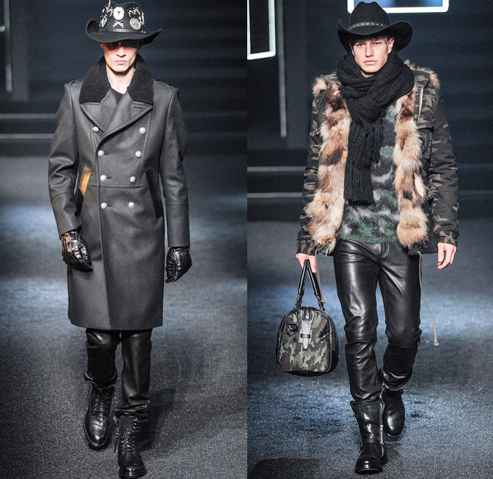 Philipp Plein 2014-2015 Fall Autumn Winter Mens Runway Looks Fashion - Milano Moda Uomo Milan Fashion Week - Camera Nazionale della Moda Italiana - Denim Jeans Destroyed Coated Cowboy Western Mink Saddles Chaps Fringes Skull Turtleneck Chunky Knit Sweater Motorcycle Biker Rider Military Coat Parka Bomber Jacket Studs Camouflage Snake Plaid