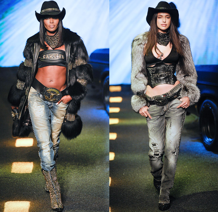 Philipp Plein 2014-2015 Fall Autumn Winter Womens Runway Looks - Milano Moda Donna Milan Fashion Week - Camera Nazionale della Moda Italiana - Denim Jeans Destroyed Leather Metallic Studs Belt Buckle Cowgirl Western Bandeau Fringes Crochet Knit Motorcycle Biker Coat Plaid Dress Sweatpants Sequins Zippers Sheer Chiffon Ruffles Tutu