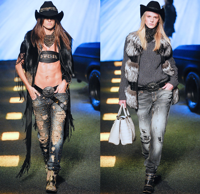 Philipp Plein 2014-2015 Fall Autumn Winter Womens Runway Looks - Milano Moda Donna Milan Fashion Week - Camera Nazionale della Moda Italiana - Denim Jeans Destroyed Leather Metallic Studs Belt Buckle Cowgirl Western Bandeau Fringes Crochet Knit Motorcycle Biker Coat Plaid Dress Sweatpants Sequins Zippers Sheer Chiffon Ruffles Tutu