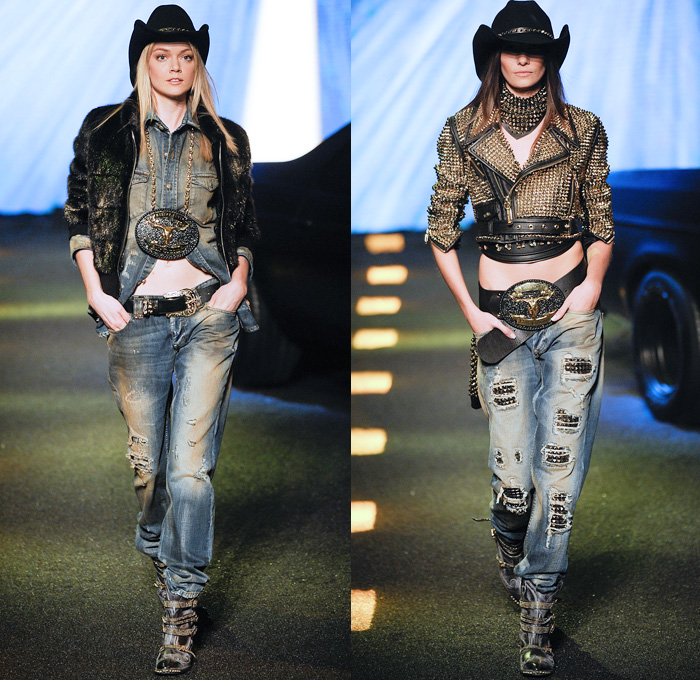 Philipp Plein 2014-2015 Fall Autumn Winter Womens Runway Looks - Milano Moda Donna Milan Fashion Week - Camera Nazionale della Moda Italiana - Denim Jeans Destroyed Leather Metallic Studs Belt Buckle Cowgirl Western Bandeau Fringes Crochet Knit Motorcycle Biker Coat Plaid Dress Sweatpants Sequins Zippers Sheer Chiffon Ruffles Tutu