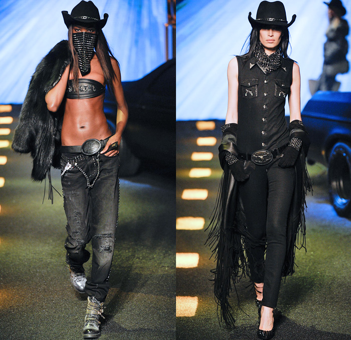 Philipp Plein 2014-2015 Fall Autumn Winter Womens Runway Looks - Milano Moda Donna Milan Fashion Week - Camera Nazionale della Moda Italiana - Denim Jeans Destroyed Leather Metallic Studs Belt Buckle Cowgirl Western Bandeau Fringes Crochet Knit Motorcycle Biker Coat Plaid Dress Sweatpants Sequins Zippers Sheer Chiffon Ruffles Tutu