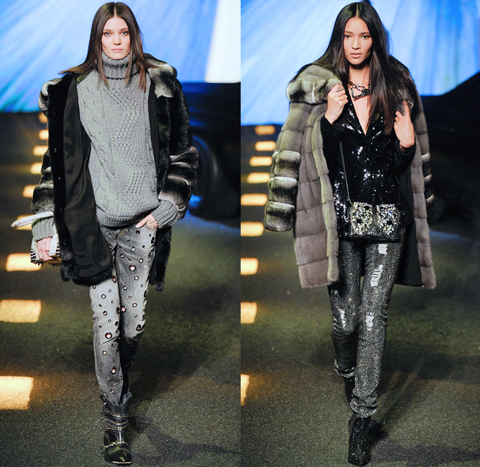 Philipp Plein 2014-2015 Fall Autumn Winter Womens Runway Looks - Milano Moda Donna Milan Fashion Week - Camera Nazionale della Moda Italiana - Denim Jeans Destroyed Leather Metallic Studs Belt Buckle Cowgirl Western Bandeau Fringes Crochet Knit Motorcycle Biker Coat Plaid Dress Sweatpants Sequins Zippers Sheer Chiffon Ruffles Tutu