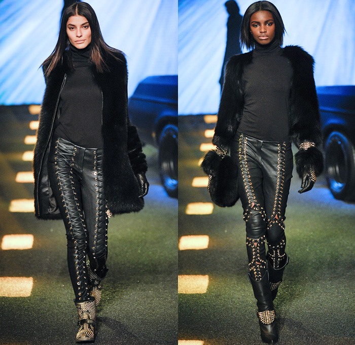 Philipp Plein 2014-2015 Fall Autumn Winter Womens Runway Looks - Milano Moda Donna Milan Fashion Week - Camera Nazionale della Moda Italiana - Denim Jeans Destroyed Leather Metallic Studs Belt Buckle Cowgirl Western Bandeau Fringes Crochet Knit Motorcycle Biker Coat Plaid Dress Sweatpants Sequins Zippers Sheer Chiffon Ruffles Tutu