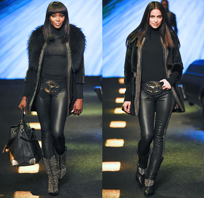 Philipp Plein 2014-2015 Fall Autumn Winter Womens Runway Looks - Milano Moda Donna Milan Fashion Week - Camera Nazionale della Moda Italiana - Denim Jeans Destroyed Leather Metallic Studs Belt Buckle Cowgirl Western Bandeau Fringes Crochet Knit Motorcycle Biker Coat Plaid Dress Sweatpants Sequins Zippers Sheer Chiffon Ruffles Tutu