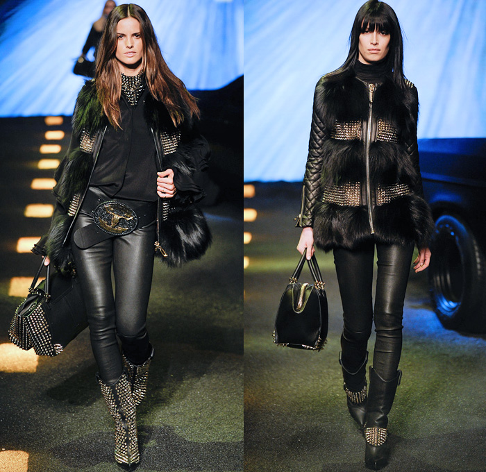 Philipp Plein 2014-2015 Fall Autumn Winter Womens Runway Looks - Milano Moda Donna Milan Fashion Week - Camera Nazionale della Moda Italiana - Denim Jeans Destroyed Leather Metallic Studs Belt Buckle Cowgirl Western Bandeau Fringes Crochet Knit Motorcycle Biker Coat Plaid Dress Sweatpants Sequins Zippers Sheer Chiffon Ruffles Tutu