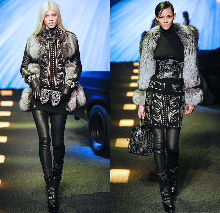 Philipp Plein 2014-2015 Fall Autumn Winter Womens Runway Looks - Milano Moda Donna Milan Fashion Week - Camera Nazionale della Moda Italiana - Denim Jeans Destroyed Leather Metallic Studs Belt Buckle Cowgirl Western Bandeau Fringes Crochet Knit Motorcycle Biker Coat Plaid Dress Sweatpants Sequins Zippers Sheer Chiffon Ruffles Tutu