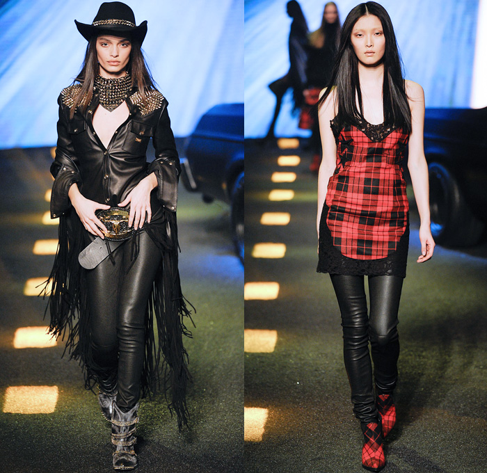 Philipp Plein 2014-2015 Fall Autumn Winter Womens Runway Looks - Milano Moda Donna Milan Fashion Week - Camera Nazionale della Moda Italiana - Denim Jeans Destroyed Leather Metallic Studs Belt Buckle Cowgirl Western Bandeau Fringes Crochet Knit Motorcycle Biker Coat Plaid Dress Sweatpants Sequins Zippers Sheer Chiffon Ruffles Tutu