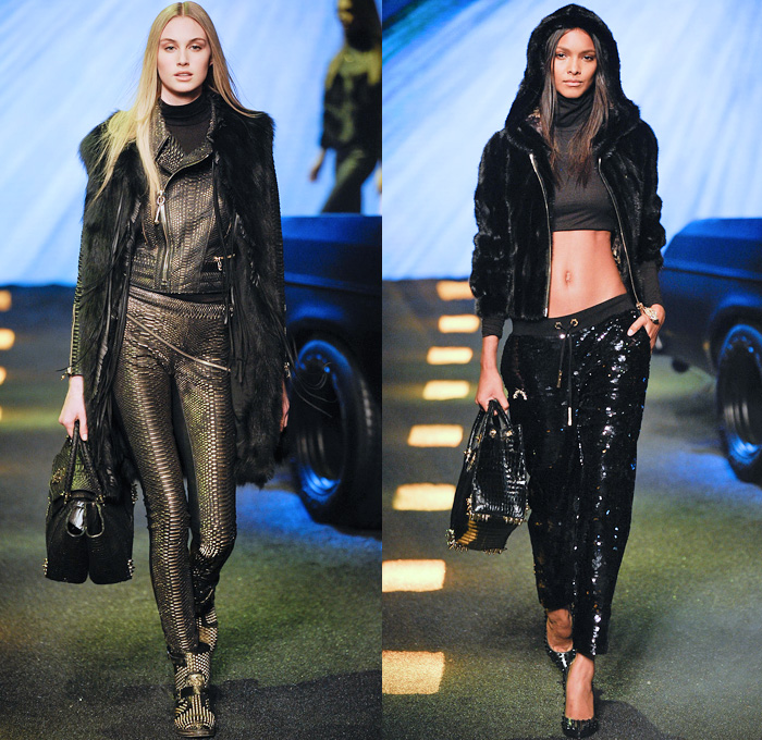 Philipp Plein 2014-2015 Fall Autumn Winter Womens Runway Looks - Milano Moda Donna Milan Fashion Week - Camera Nazionale della Moda Italiana - Denim Jeans Destroyed Leather Metallic Studs Belt Buckle Cowgirl Western Bandeau Fringes Crochet Knit Motorcycle Biker Coat Plaid Dress Sweatpants Sequins Zippers Sheer Chiffon Ruffles Tutu