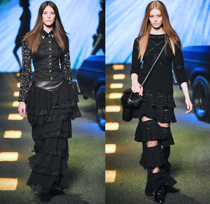 Philipp Plein 2014-2015 Fall Autumn Winter Womens Runway Looks - Milano Moda Donna Milan Fashion Week - Camera Nazionale della Moda Italiana - Denim Jeans Destroyed Leather Metallic Studs Belt Buckle Cowgirl Western Bandeau Fringes Crochet Knit Motorcycle Biker Coat Plaid Dress Sweatpants Sequins Zippers Sheer Chiffon Ruffles Tutu