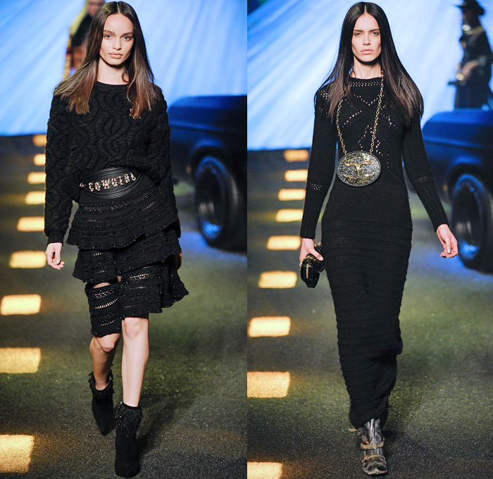 Philipp Plein 2014-2015 Fall Autumn Winter Womens Runway Looks - Milano Moda Donna Milan Fashion Week - Camera Nazionale della Moda Italiana - Denim Jeans Destroyed Leather Metallic Studs Belt Buckle Cowgirl Western Bandeau Fringes Crochet Knit Motorcycle Biker Coat Plaid Dress Sweatpants Sequins Zippers Sheer Chiffon Ruffles Tutu