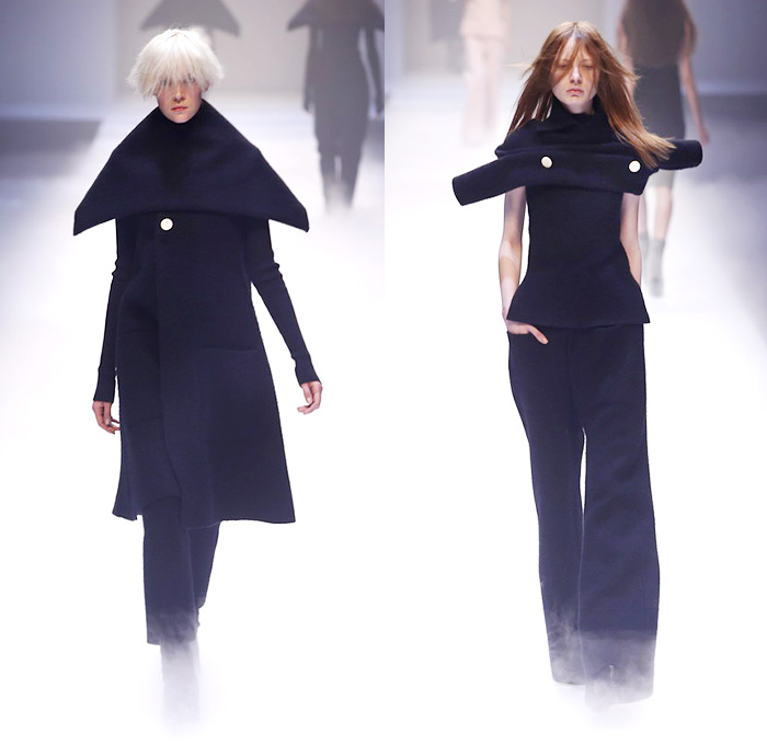 QIUHAO 2014-2015 Fall Autumn Winter Womens Runway Looks - Shanghai Fashion Week China - Wool Knitwear Knit Tie Up Drapery Wrap Triangle Triangular Angular Cone Cape Minimalist Outerwear Coat Topcoat Overcoat Asymmetrical Uneven Skirt Frock Dress Shawl Robe Funnelneck Half Sleeve One Off Shoulder Oversized Half and Half One Side Fabric Roll Button Lines White Dress White Ensemble