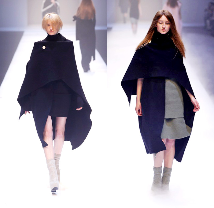 QIUHAO 2014-2015 Fall Autumn Winter Womens Runway Looks - Shanghai Fashion Week China - Wool Knitwear Knit Tie Up Drapery Wrap Triangle Triangular Angular Cone Cape Minimalist Outerwear Coat Topcoat Overcoat Asymmetrical Uneven Skirt Frock Dress Shawl Robe Funnelneck Half Sleeve One Off Shoulder Oversized Half and Half One Side Fabric Roll Button Lines White Dress White Ensemble