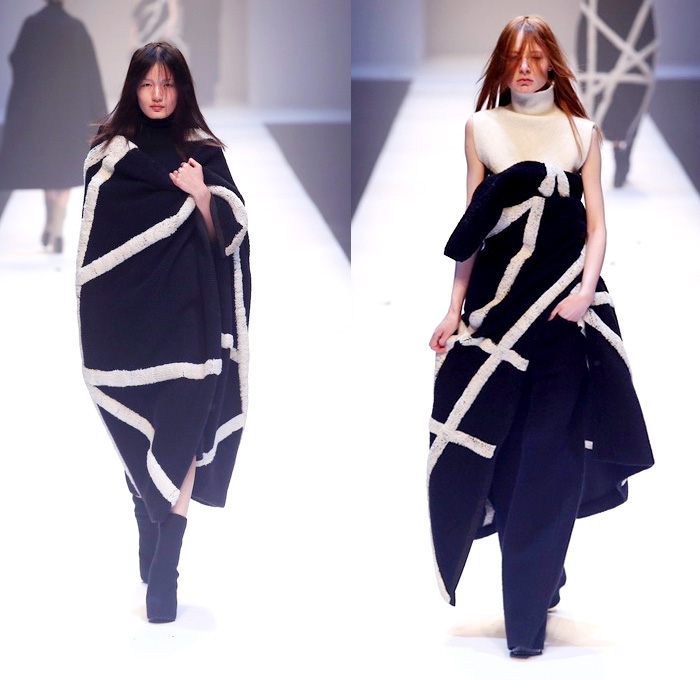 QIUHAO 2014-2015 Fall Autumn Winter Womens Runway Looks - Shanghai Fashion Week China - Wool Knitwear Knit Tie Up Drapery Wrap Triangle Triangular Angular Cone Cape Minimalist Outerwear Coat Topcoat Overcoat Asymmetrical Uneven Skirt Frock Dress Shawl Robe Funnelneck Half Sleeve One Off Shoulder Oversized Half and Half One Side Fabric Roll Button Lines White Dress White Ensemble