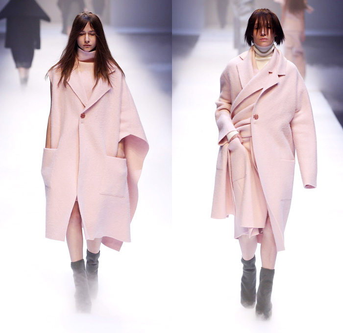 QIUHAO 2014-2015 Fall Autumn Winter Womens Runway Looks - Shanghai Fashion Week China - Wool Knitwear Knit Tie Up Drapery Wrap Triangle Triangular Angular Cone Cape Minimalist Outerwear Coat Topcoat Overcoat Asymmetrical Uneven Skirt Frock Dress Shawl Robe Funnelneck Half Sleeve One Off Shoulder Oversized Half and Half One Side Fabric Roll Button Lines White Dress White Ensemble